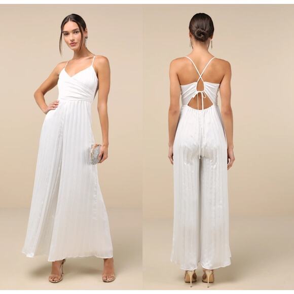NWT Lulus Memorably Sophisticated White Satin Pleated Backless Jumpsuit Size M